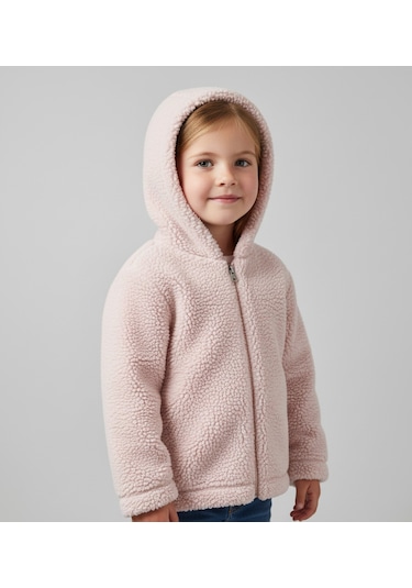 Pamuk Astarlı Yumuşak Peluş Kapüşonlu Fermuarlı Hırka Pembe