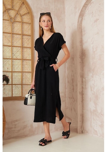 Kadın %100 Müslin Pamuk Yırtmaçlı Kruvaze Beli Kuşaklı Salaş Uzun Günlük Elbise 3612400 İndigo