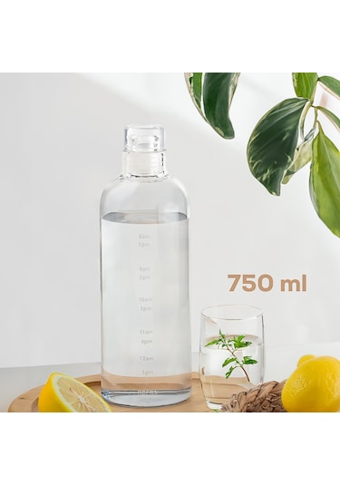 Porsima 2407 Cam Su Şişesi Su İçme Saatli Matara Suluk 750 Ml