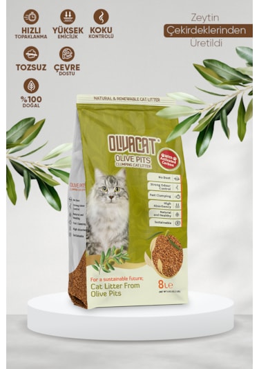 Olivacat Zeytin Çekirdeğinden Üretilen Aktif Karbonlu Tozsuz Doğal Kedi Kumu 8 L