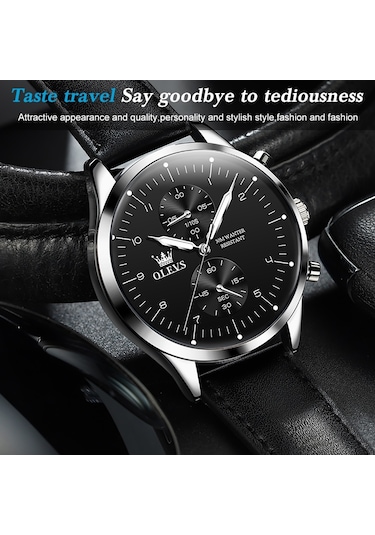 Olevs 2880 Erkekler Çok Fonksiyonlu İş Su Geçirmez Deri Kayış Kuvars Saat Siyah + Gümüş