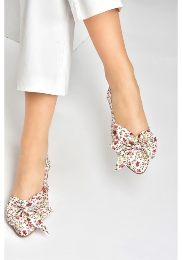 Bej/kırmızı Kumaş Çiçek Baskı Kadın Babet H726809004 Bej - Kırmızı