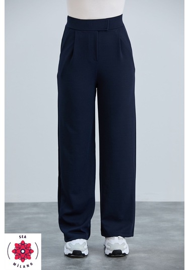 Kadın Gri Cırt Cırtlı Kapama Rahat Palazzo Likralı Esnek Beli Lastikli Pantolon Yüksek Bel Lacivert