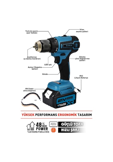 Assur 21V Akülü Vidalama Kömürsüz Motor Şarjlı Matkap - 1569
