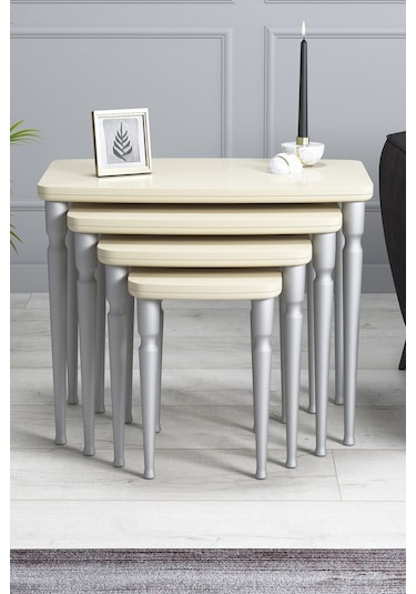 Imaj Mdf Ve Lake Boya, Krem 4lü Zigon Sehpa Takımı, Doğal Vernikli Gürgen Ayaklar Sehpalar Krem Ayaklar Gümüş