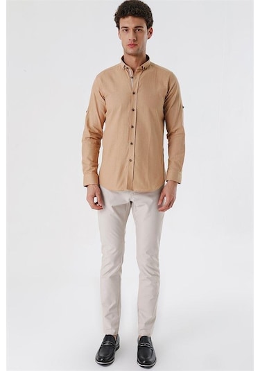 Camel Kısalabilir Kollu Cepsiz Biyeli %100 Pamuk Casual Slim Fit Dar Kesim Gömlek 1004230179-camel Camel