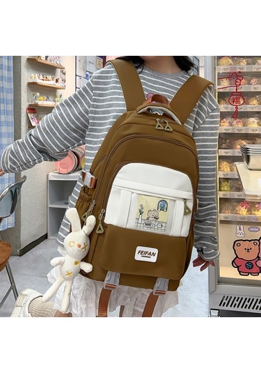 Sevimli Karikatür Desenli Yumuşak Kız Okul Çantası, Kadın Ve Genç Kızlar İçin Şık Sırt Çantası, Laptop Ve Tablet Taşımaya Uygun Öğrenci Çantası Kahverengi