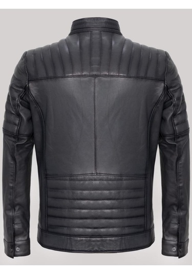 Hakiki Kuzu Derisi Fermuarlı Erkek Ceket Kol İşlemeli Ceket Siyah Siyah