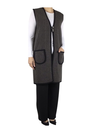 Kadın Desenli Üç Düğmeli Kalın Kışlık Yelek Vizon