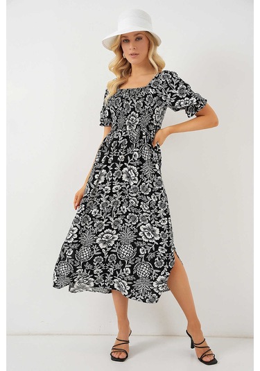 Kare Yaka Prenses Kol Önü Gipeli Yanları Yırtmaçlı Çiçek Desenli %100 Pamuk Midi Boy Viskon Elbise Siyah