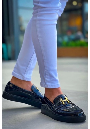 Bağcıksız Kömür Rugan H Günlük Erkek Ayakkabısı Siyah2 Siyah