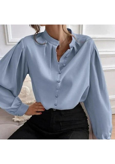 Yarım Açık Yaka Bluz 2023 Sonbahar Gömlek Kadın Düz Renk Gevşek Uzun Fener Kollu Zarif Giysiler Blusas Tops 29732 Orion