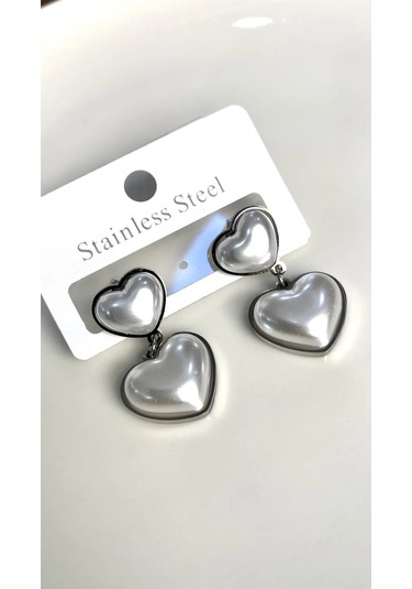 Justgaf Gümüş Renk İnci Boncuklu Kalp Şekilli Çelik Küpe Gümüş