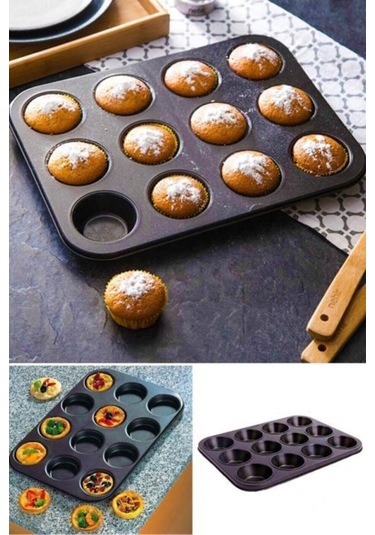 12'li Muffin Kek Kalıbı Metal Siyah