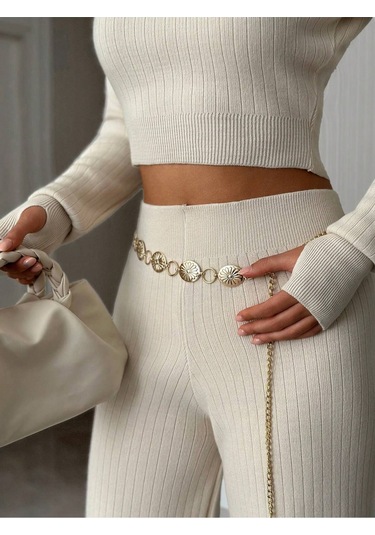 Hidafashion Yarım Balıkçı Crop Triko Takım Ekru