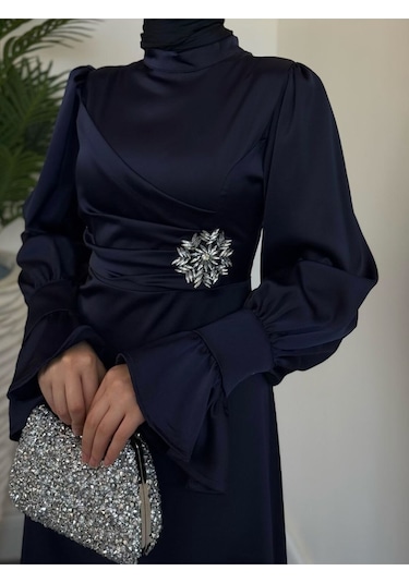 Yandan Taşlı Abiye Lacivert