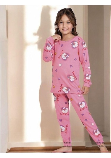 Kız Çocuk Pamuklu Tavşan Desenli Pijama Takımı-14919 Pembe
