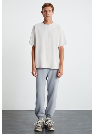 GRIMELANGE Rıver Erkek Oversize Fit Bol Kesim Nakış Işlemeli Basic Örme Taş Rengi T-shirt Taş Rengi