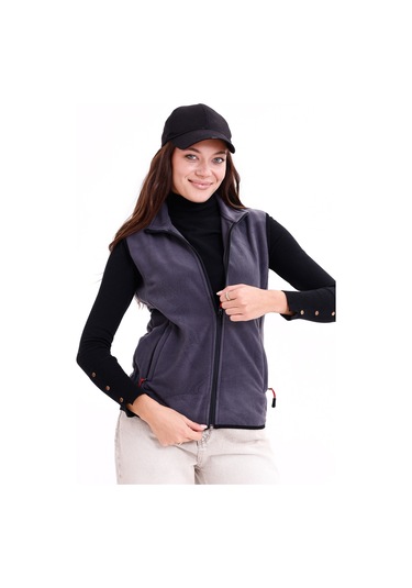 Monox Kadın Slim Fit Tam Fermuarlı Polar Yelek Füme