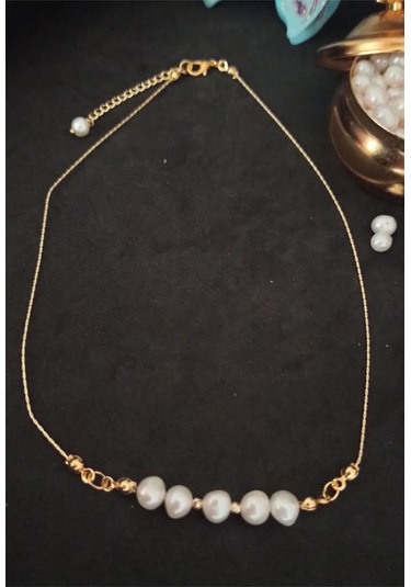 24k Altın Kaplama Gerçek İnci Dorika Detaylı Kolye 60 Cm Beyaz Çok Renkli