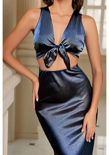 Önden Bağlama Crop Parlak Saten Dizaltı Etek Takım Antrasit