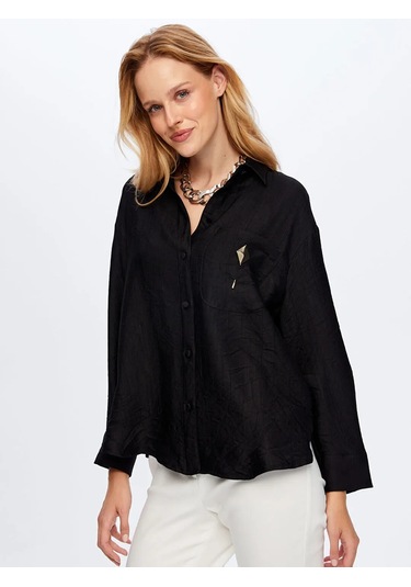 Faik Sönmez Metal Aksesuarlı Kendinden Dokulu Kadın Gömlek W26gml016 Siyah