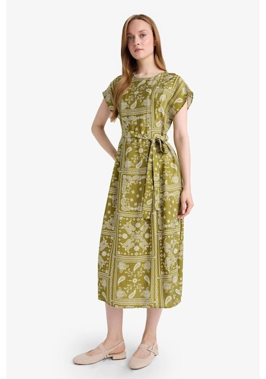 Defacto A Kesim Yuvarlak Yaka Desenli Kısa Kollu Midi Elbise F4770ax25aukh255 Haki