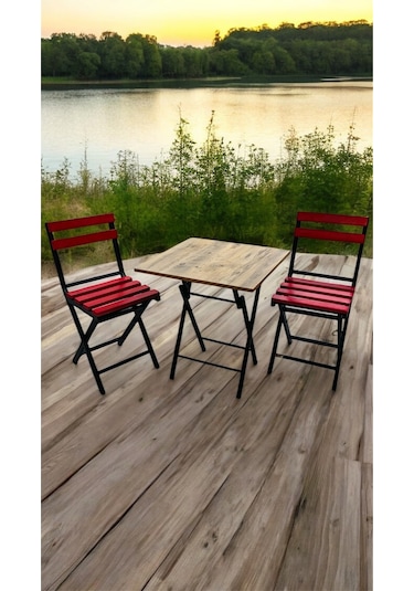 Balkon Bahçe Mutfak 3'lü Bistro Set Katlanır Masa Sandalye 60x60 Kırmızı