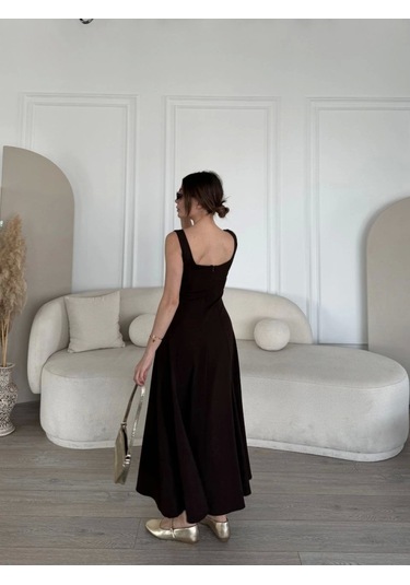 Sırt Dekolteli Kolsuz Uzun Elbise - Kahverengi Kahverengi