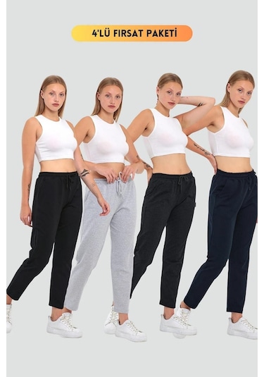 Kadın Siyah-gri-lacivert-antrasit Regular Fit Düz Paça Beli Lastikli Bağcıklı 4'lü Eşofman Altı 001