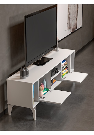 Tv Sehpası 160 Cm Modern Çok Amaçlı Dolaplı Raflı Televizyon Ünitesi Linya Gümüş Beyaz