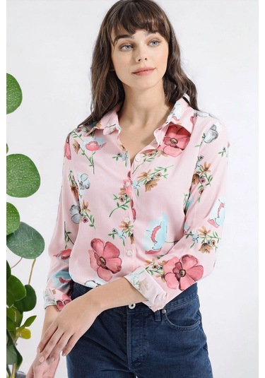 Kadın Pembe Modern Tarz Çiçek Desenli Uzun Kollu Gömlek Pembe