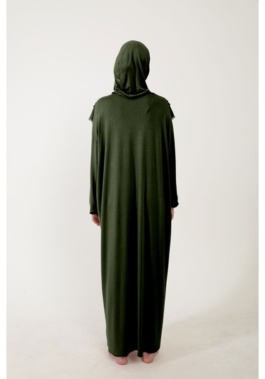 Kadın Tesettür Pamuklu Başörtülü Namaz Elbisesi Dantelli Tek Parça Penye Kumaş Haki