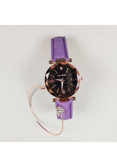 Kadın Saat Seti Bilezik Moda Aydınlık Eller Dişli Hareket Retro Kuvars Kol Saati Mor Diğer