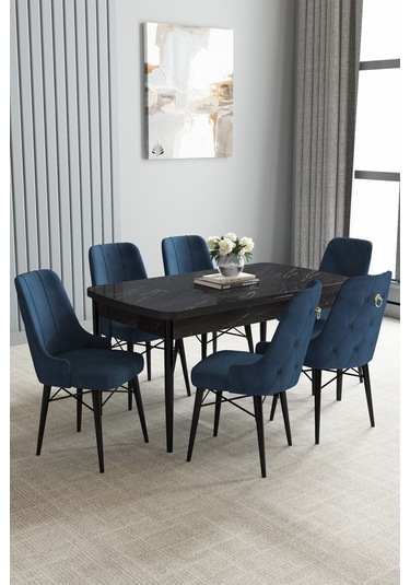 Jusie Siyah Mermer Desen 80x132 Açılabilir Mutfak Masası Takımı 6 Adet Sandalye Lacivert