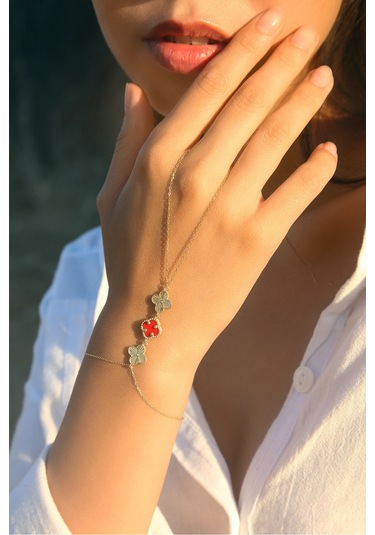 14k Altın Kaplamalı 925 Ayar Gümüş Granada Saray Yoncaları Şahmeran - Kırmızı 45104101 Altın