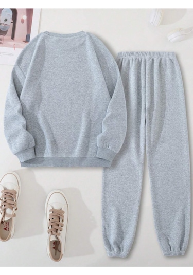 Düz Kalın Kışlık Eşofman Takımı - Gri Sweatshirt Jogger Oversize Sıfır Yaka Gri