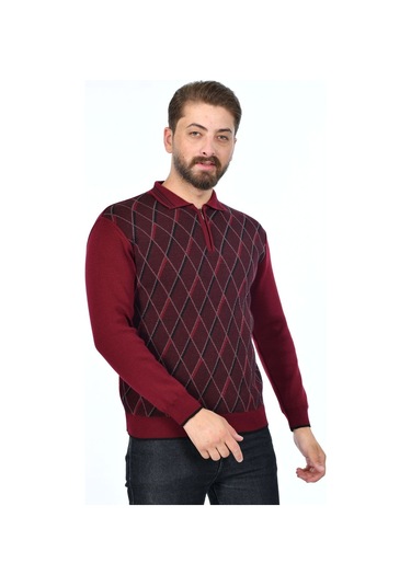 Kamalı Erkek Çelik Örgü Baklava Desenli Gömlek Yaka Fermuarlı Polo Yakalı Tüylenmez Triko Kışlık Baba Kazak Bordo