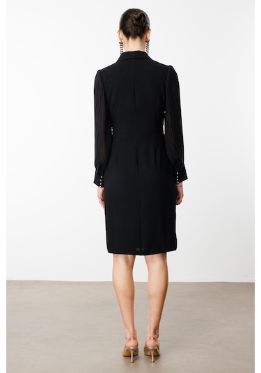 Moda İlgi Kadın Kolları Piliseli Kruvaze Kapamalı Midi Boy Elbise 6617 Siyah Siyah