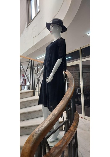 İtalyan Müslin Keteni Üstü File Bluzlu Astarlı Tek Parça Elbise Siyah