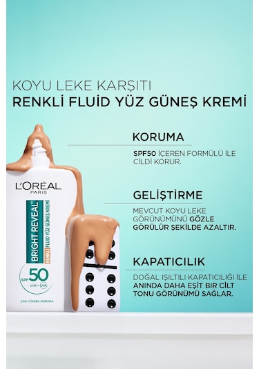 L'Oréal Paris Bright Reveal Koyu Leke Karşıtı Renkli Fluid Günlük Yüz Güneş Kremi SPF50 Medium 50 ML