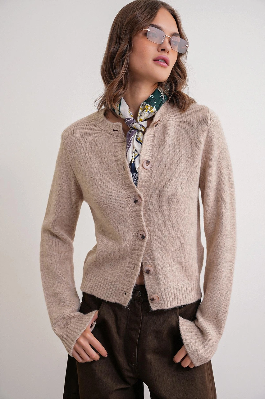 6951 Kadın Bisiklet Yaka Düğmeli Triko Kısa Hırka Bej Bej