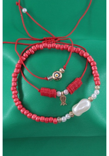 3lü Laleli İncili Nazar Boncuklu Asansörlü Lastikli İp Bileklik. Boncuklu Kadın İp Bileklik Halhal Çok Renkli