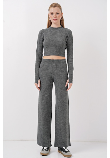 Bigdart 15905 Kadın Crop Kazak Pantolon Triko Alt Üst Takım - Füme