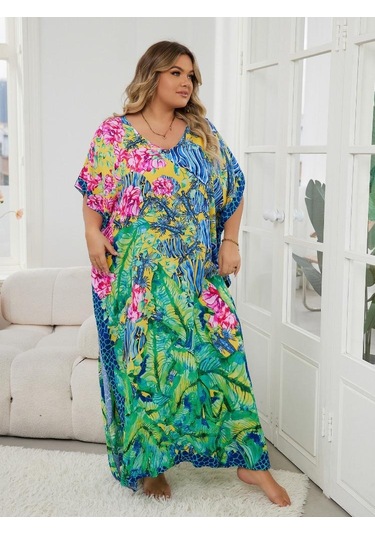 Edolynsa Şık Yeşil Baskılı Kadın Bohem Sabahlık Kaftan Ev Elbisesi Gevşek Tatil Partisi Uzun Elbise Mayo Üst Kıyafet Q1594 Çok Renkli