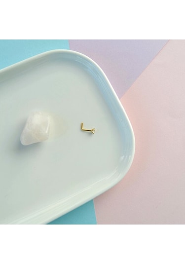 L Model Düşmeyen Çelik Hızma 3 Mm Taşlı Tektaş Burun Piercingi Gold