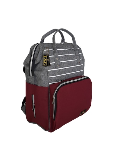 U.S.F Lüx Fonksiyonel Anne Bebek Bakım Sırt Çantası Çizgili Bordo - Gri