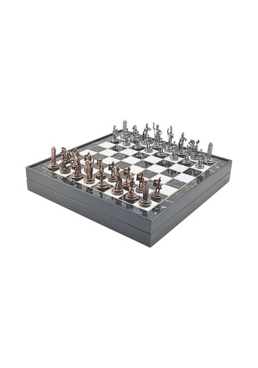 Gifthome Orta Boy Metal Yunan Mitolojisi Satranç Tk. Antik Ve Mermer Desenli Sandıklı Mdf Tahtası 36x36 Cm.