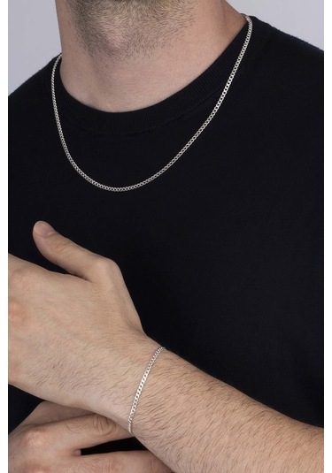 Gümüş Pazarım 925 Ayar Gümüş Erkek Gurmet Zincir Kolye Bileklik Kombini Çok Renkli