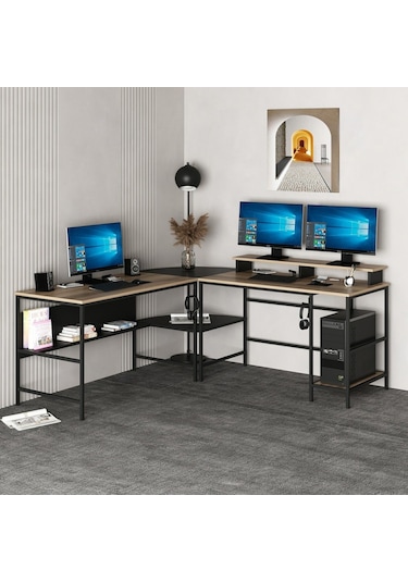 Minarmobilya Minar Greta L Köşe Çalışma Masası - Dore/Siyah Ceviz